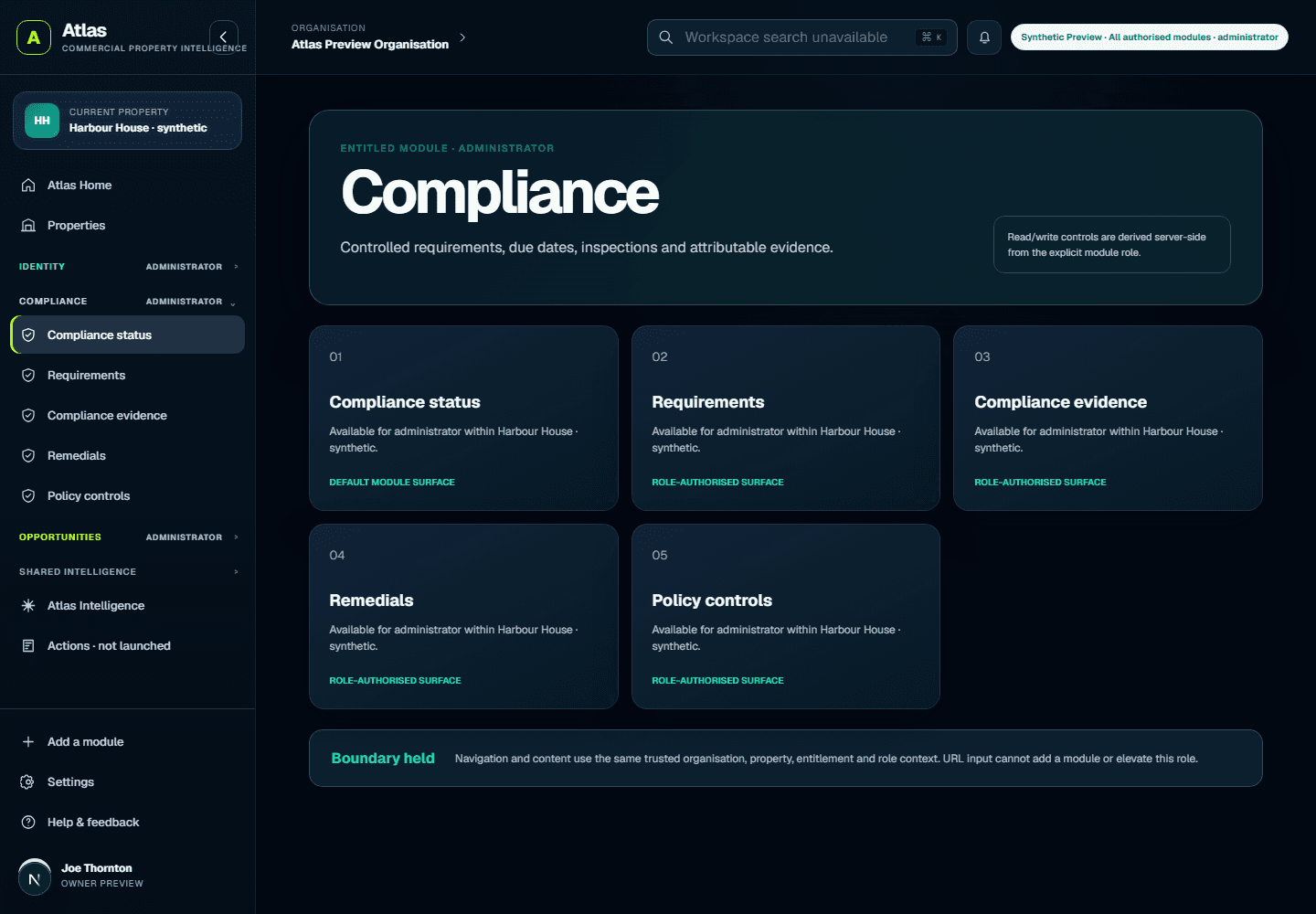 Current Atlas Property Compliance module using fictional demonstration data